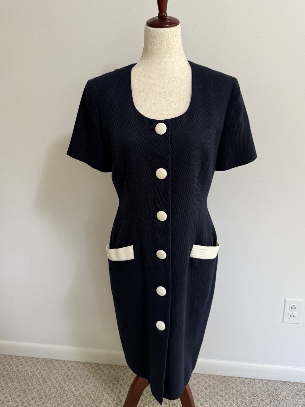 VTG Ann Taylor Button Down Short Sleeve Dress Size 10 Navy Blue Made in USA